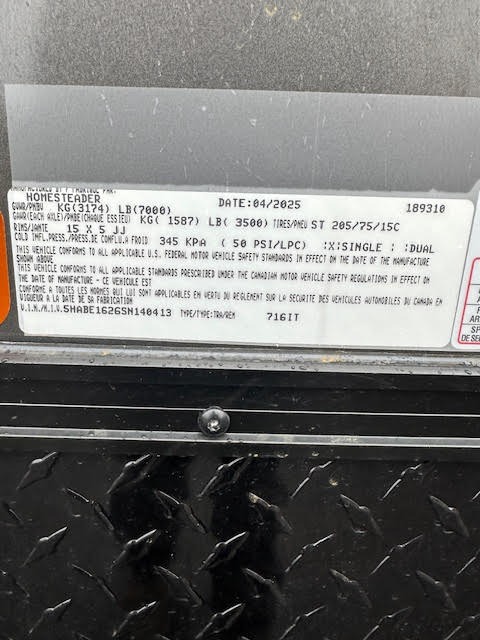Enclosed trailer VIN plate - Homesteader 7000lb GVWR specifications